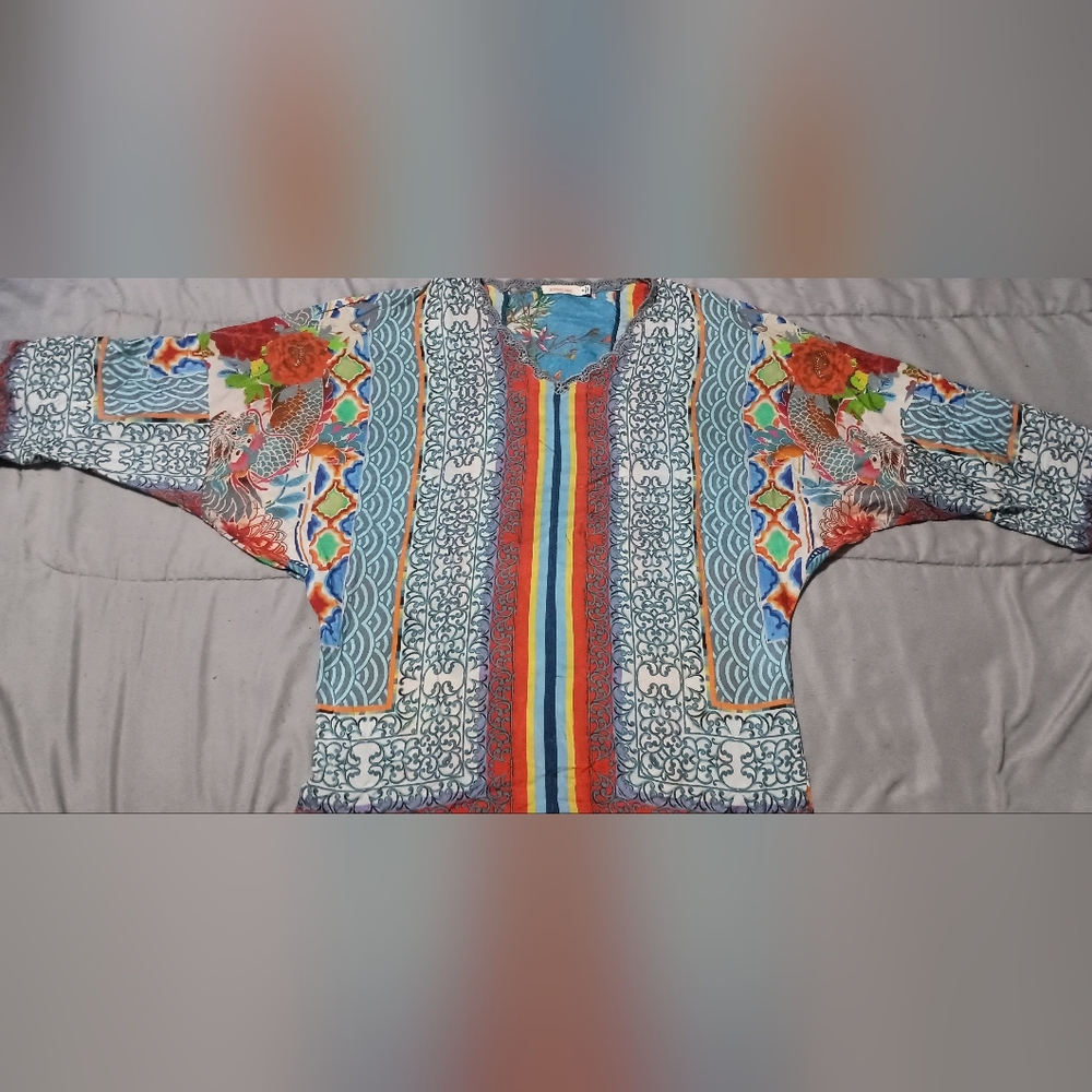 Johnny Was 100% Silk Dragon Floral Crochet Tunic Blouse Colorful XS
